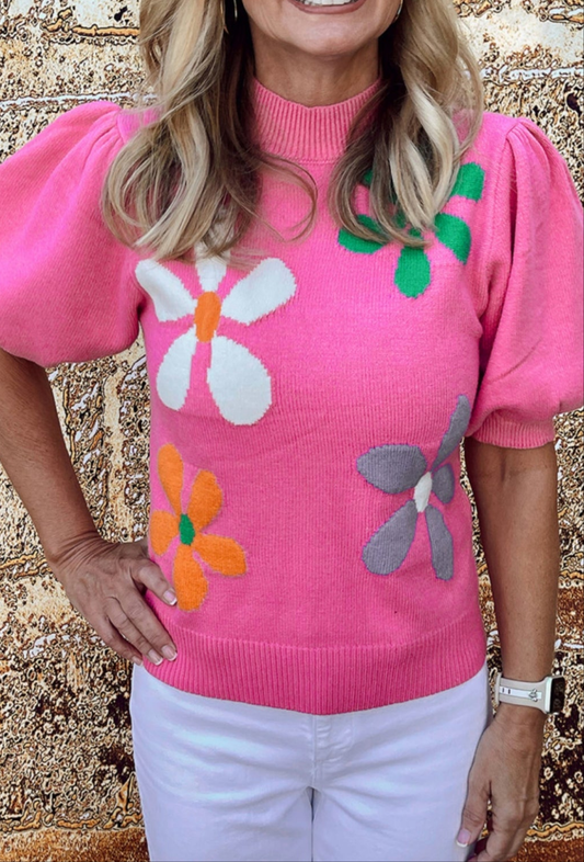 Bright Pink Floral Bubble Short Sleeve Sweater