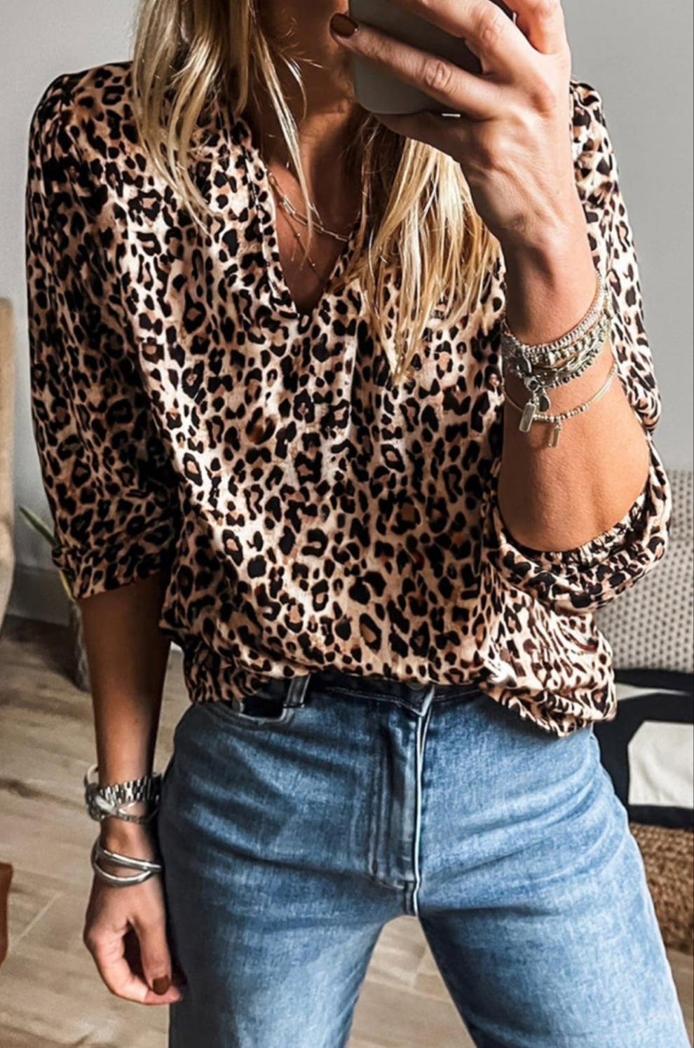 Apricot Leopard V Neck Half Sleeve Blouse