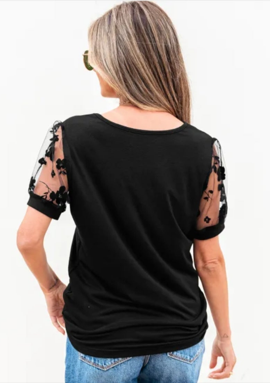 Black Flora Lace Patchwork Crew Neck T Shirt