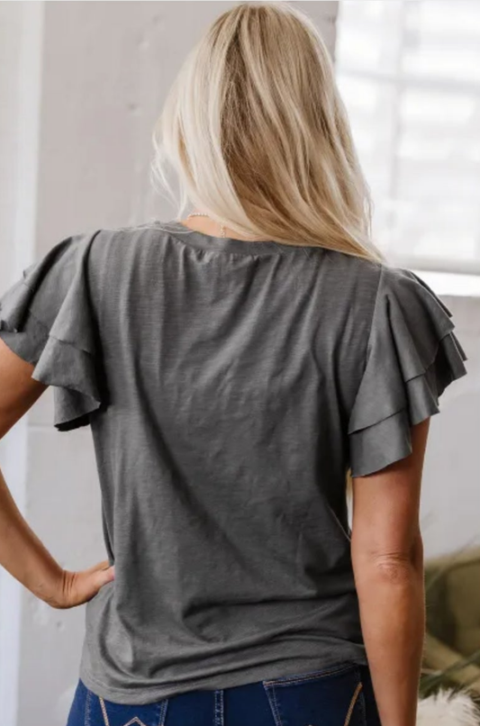 Dark Grey Layered Ruffle Short Sleeve Round Neck Top
