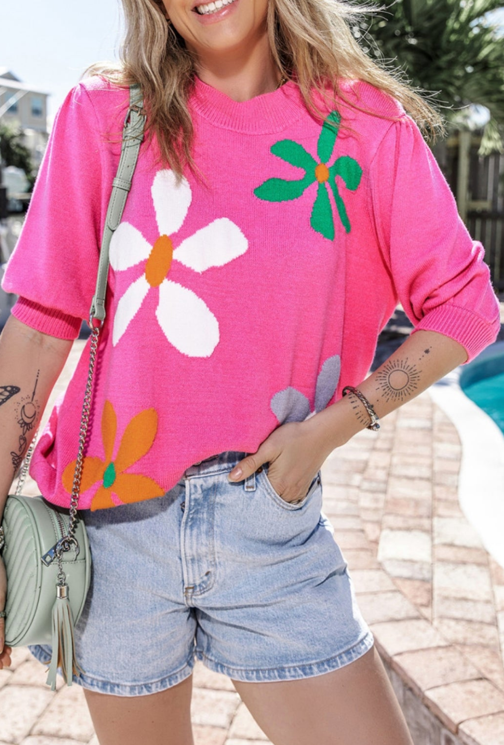 Bright Pink Floral Bubble Short Sleeve Sweater