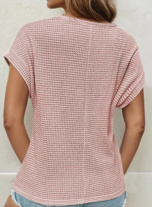 Light Pink Lace Patchwork Waffle Short Sleeve Top