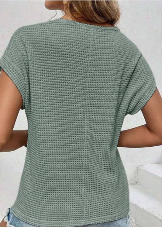 Mist Green Lace Patchwork Waffle Short Sleeve Top