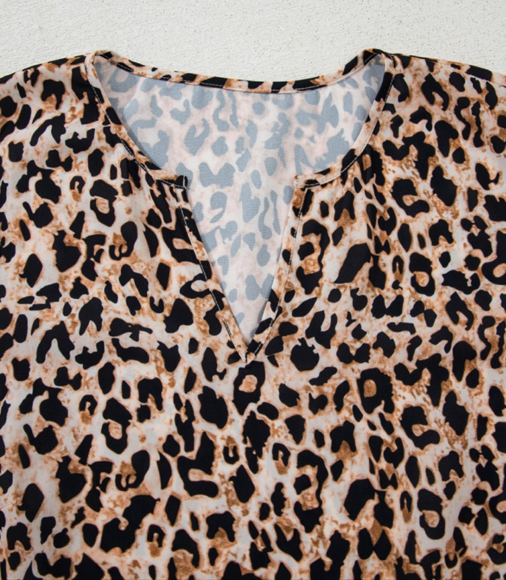 Apricot Leopard V Neck Half Sleeve Blouse
