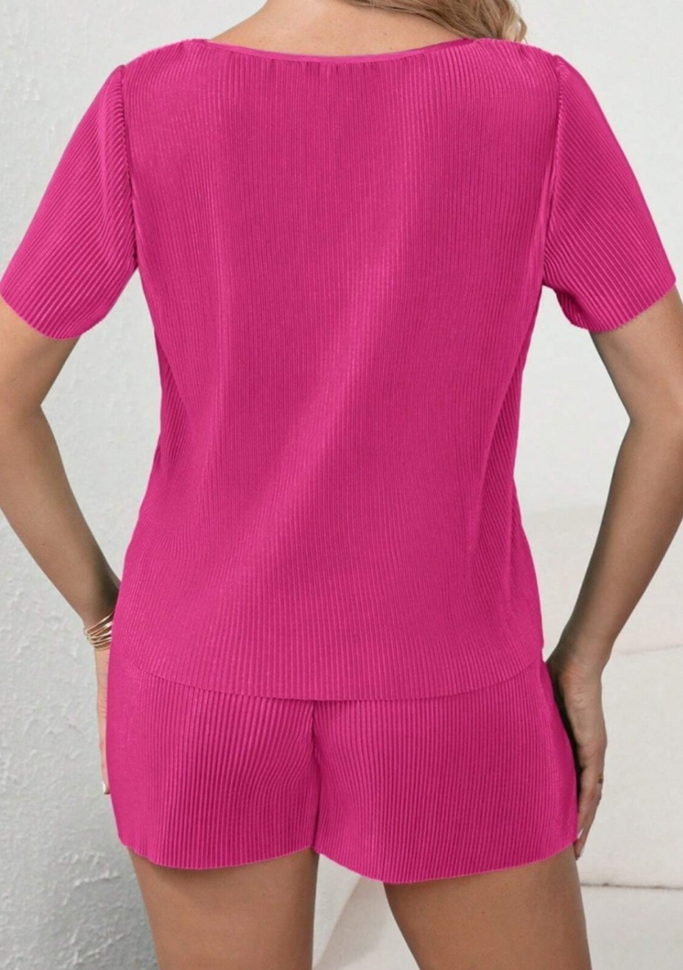 Bright Pink Casual Pleated Short Two-piece Set