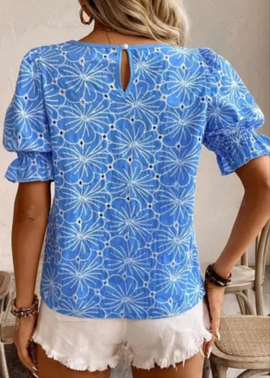 Sky Blue Eyelet Flower Embroidery Frilled Short Puff Sleeve Blouse
