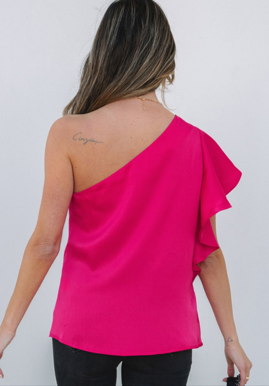 Strawberry Pink Asymmetric Shoulder Ruffle Sleeve Elegant Blouse