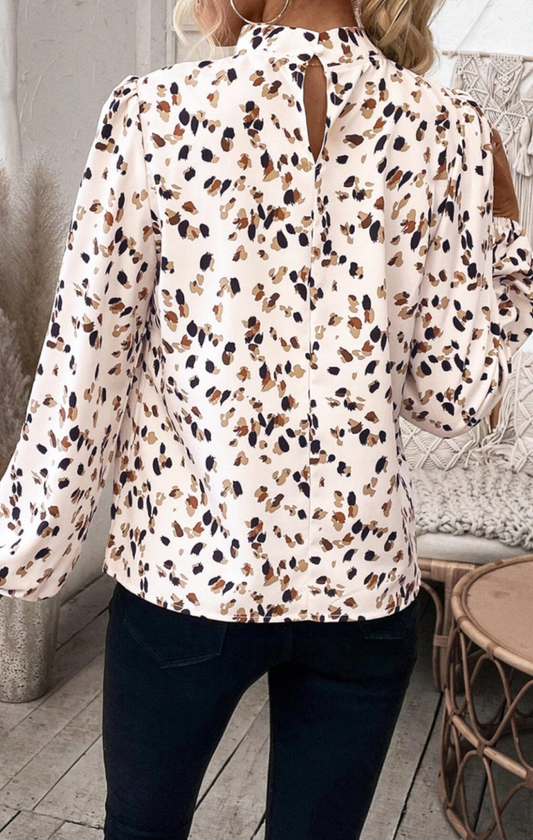 White Leopard Print Lantern Sleeve Mock Neck Pleated Blouse