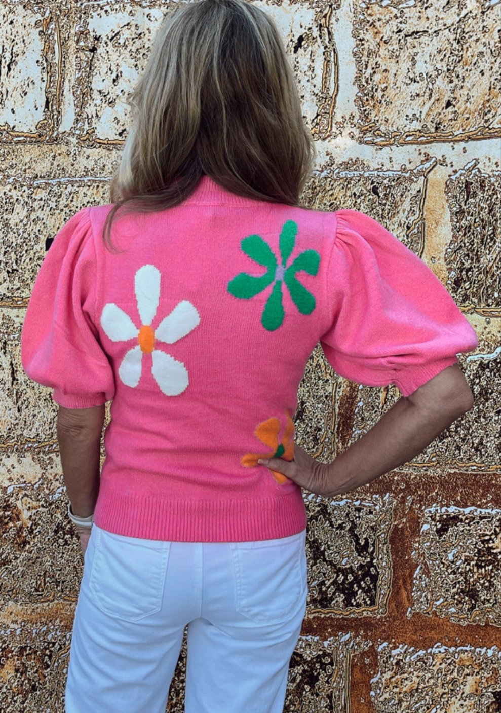 Bright Pink Floral Bubble Short Sleeve Sweater