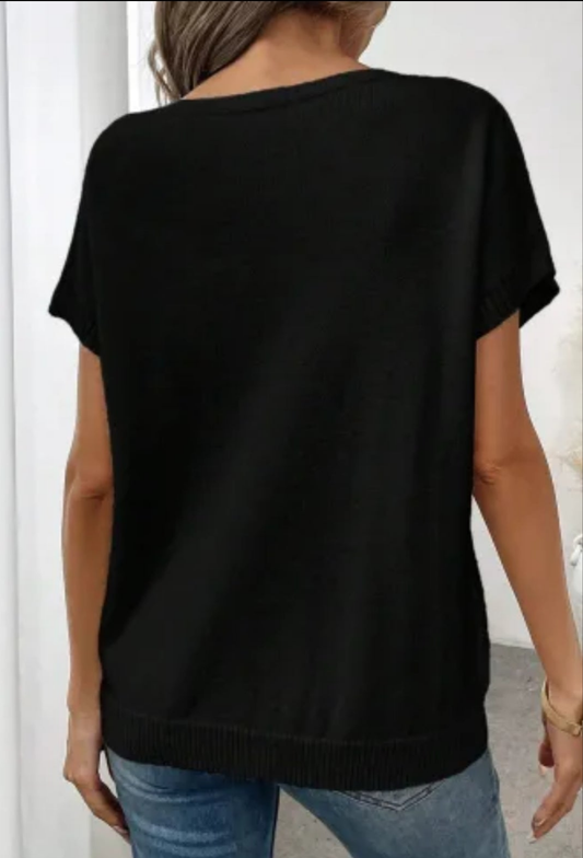 Black Bow Pattern Knit Short Sleeve Sweater