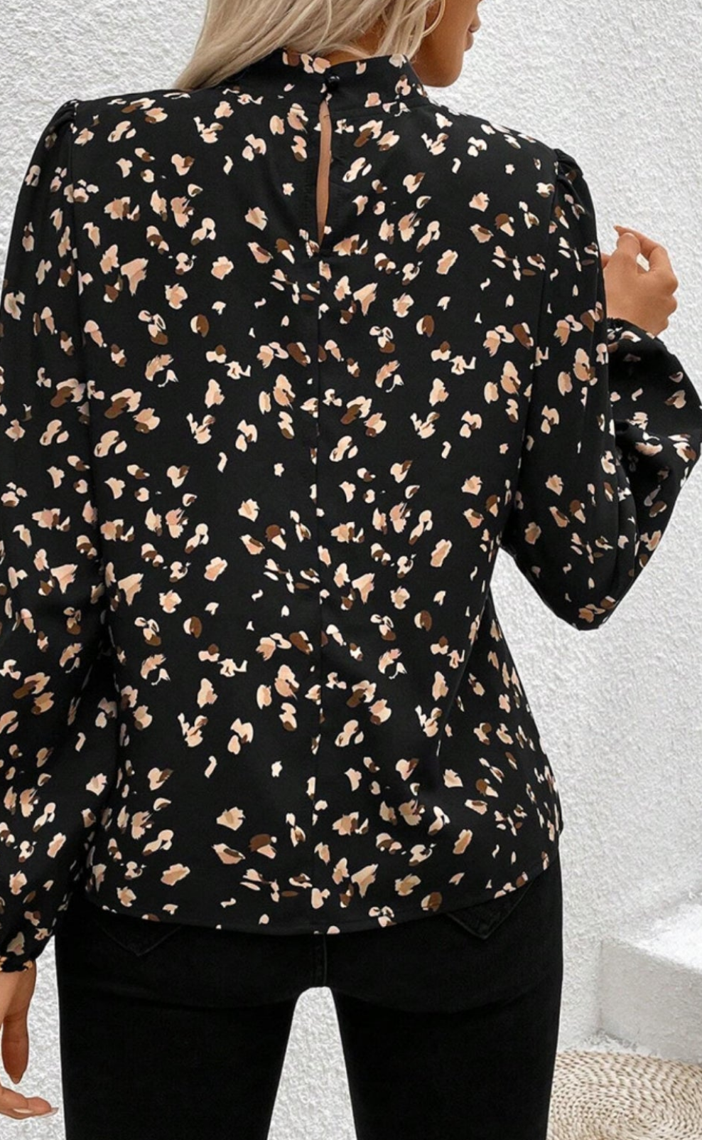 Black Leopard Print Lantern Sleeve Mock Neck Pleated Blouse