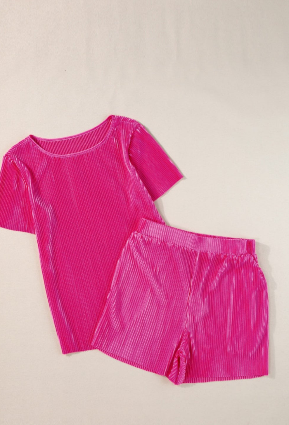 Bright Pink Casual Pleated Short Two-piece Set