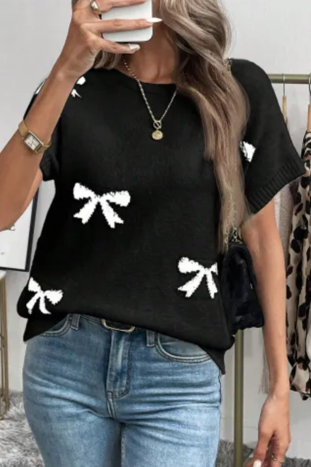 Black Bow Pattern Knit Short Sleeve Sweater