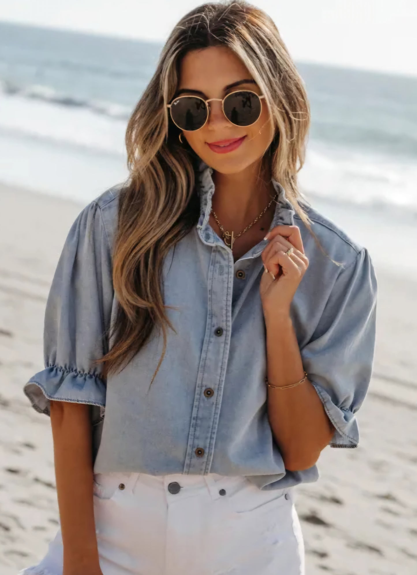 Beau Blue Ruffle Short Puff Sleeve Summer Chambray Shirt