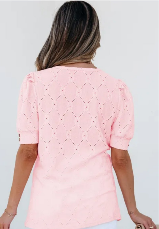 Pink Flower Geometric Textured Button Short Sleeve Top