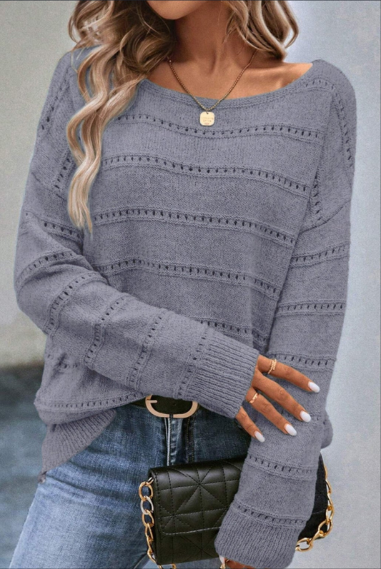Light Grey Boat Neck Drop Shoulder Pointelle Knit Sweater