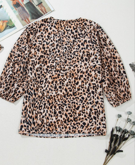 Apricot Leopard V Neck Half Sleeve Blouse