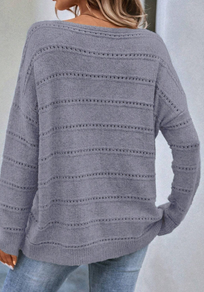Light Grey Boat Neck Drop Shoulder Pointelle Knit Sweater
