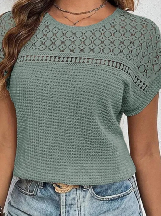 Mist Green Lace Patchwork Waffle Short Sleeve Top