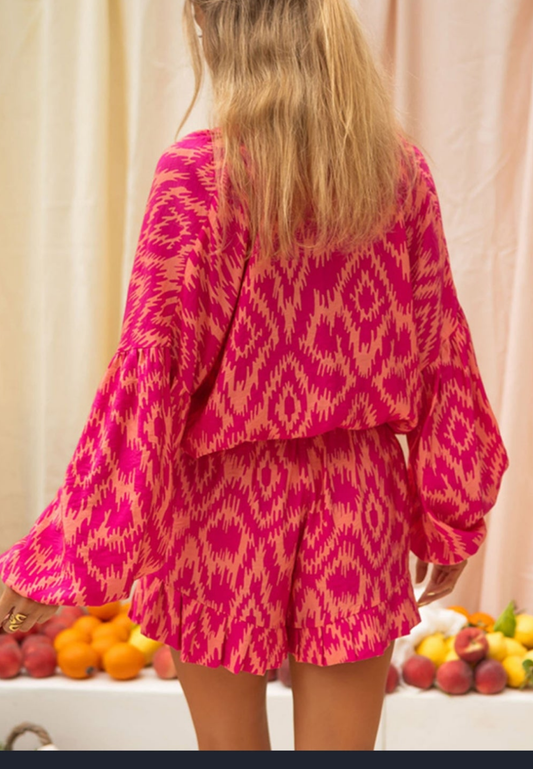 Rose Western Aztec Geometric Print Top and Ruffled Shorts Set