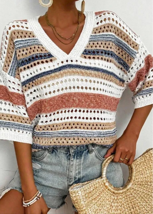 Multicolour Striped Hollow Out Half Sleeve Knitted Sweater