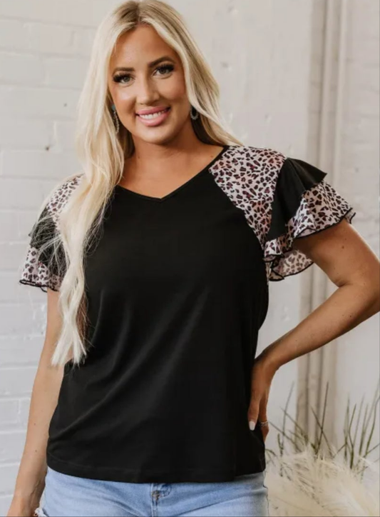 Black Leopard Print Patchwork Ruffled Sleeve V Neck T Shirt