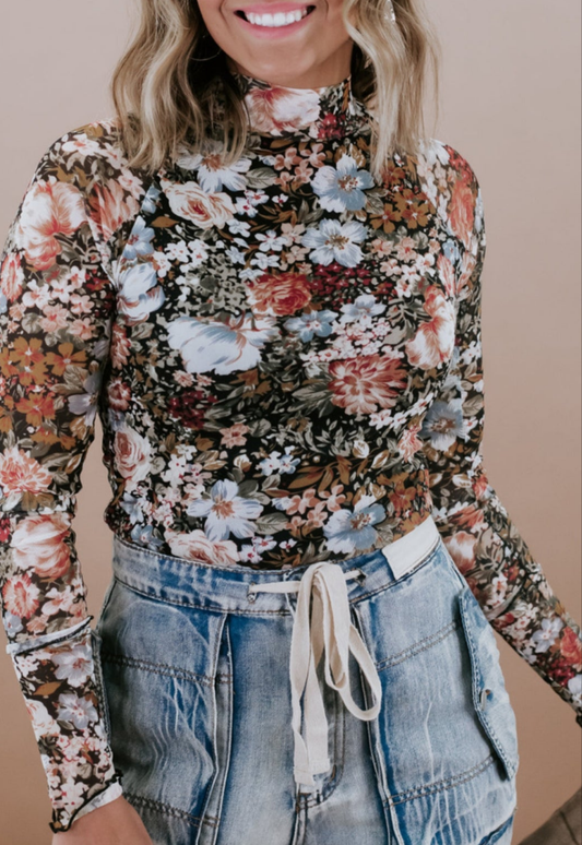 Brown Floral Long Sleeve High Neck Sheath Mesh Blouse