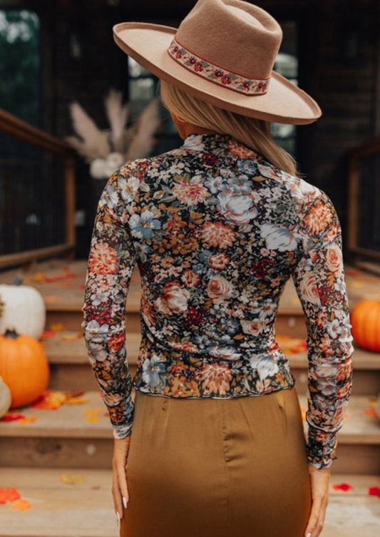 Brown Floral Long Sleeve High Neck Sheath Mesh Blouse