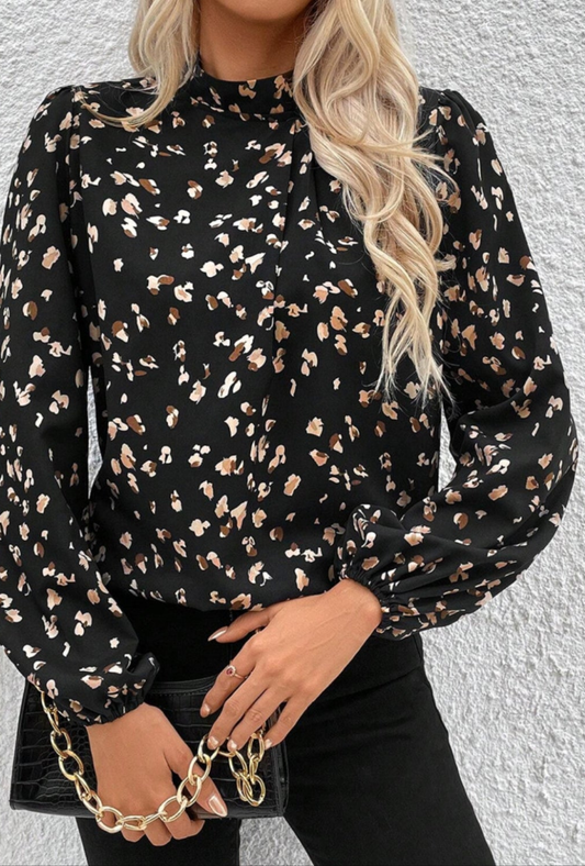 Black Leopard Print Lantern Sleeve Mock Neck Pleated Blouse