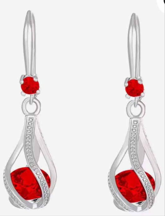 .925 Sterling Silver Red Crystal Zircon Earrings