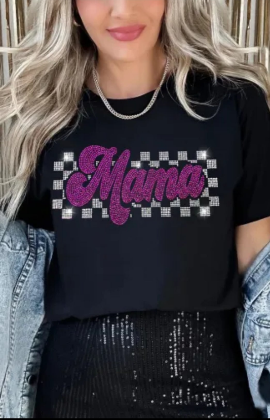 Black Rhinestone Mama Letter Graphic T Shirt