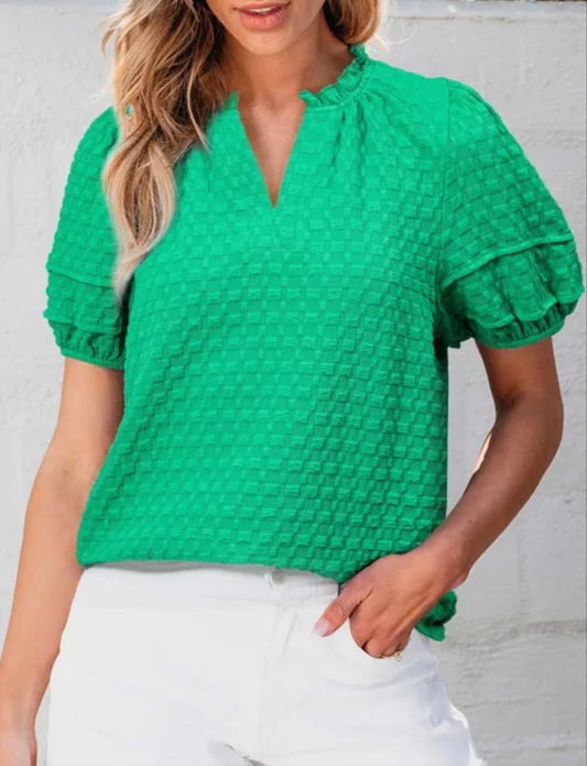 Bright Green Textured Puff Short Sleeve Notched V Neck Top