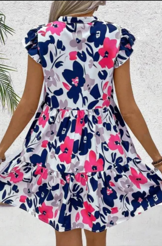 Fashion Floral Print Notched Neck Flutter Sleeve Mini Dress