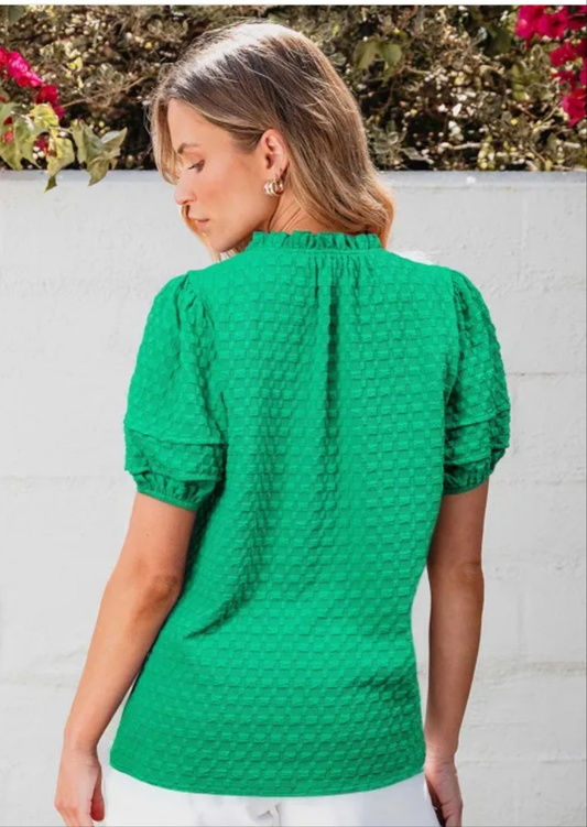 Bright Green Textured Puff Short Sleeve Notched V Neck Top
