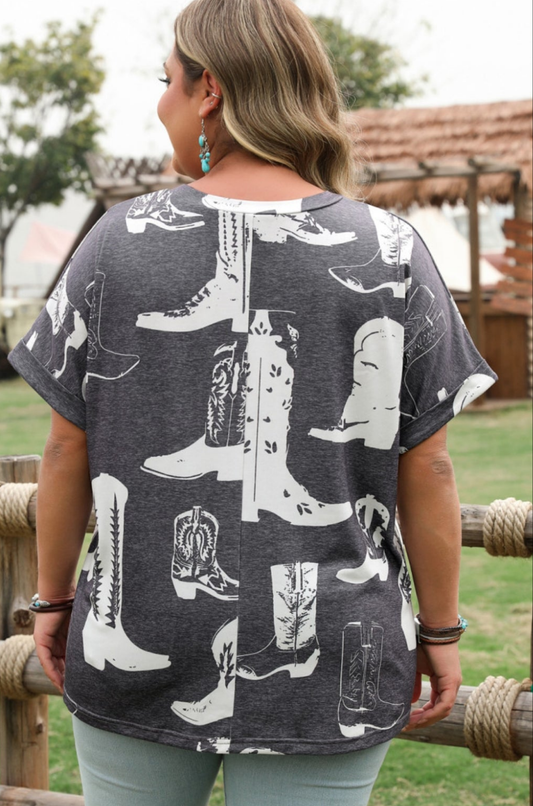 Gray Plus Size Western Boots Print Crew Neck T Shirt