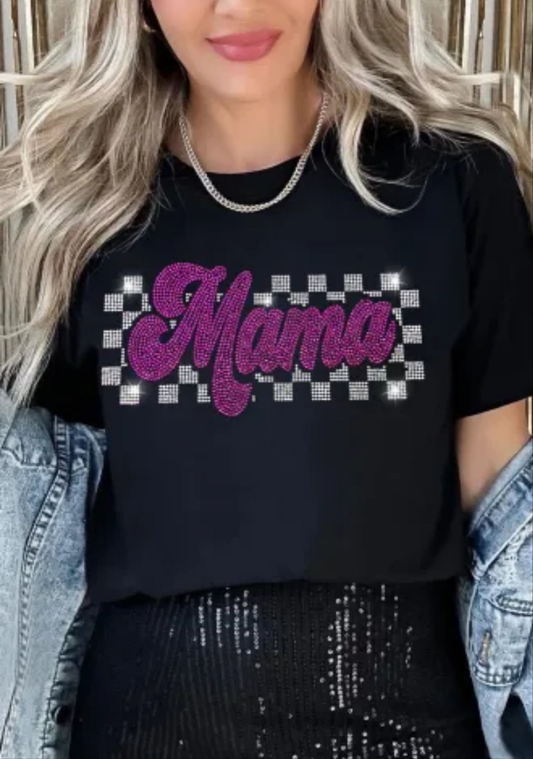 Black Rhinestone Mama Letter Graphic T Shirt