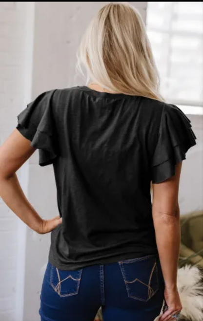 Black Layered Ruffle Short Sleeve Round Neck Top