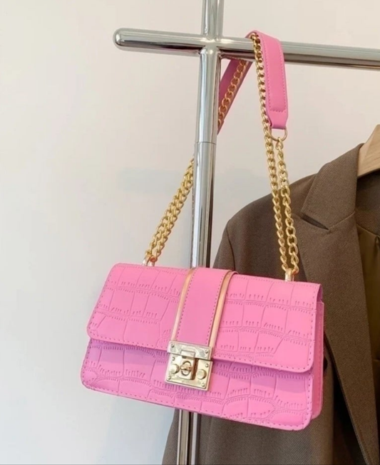 Women's Pu Leather Solid Color Vintage Style Square Magnetic Buckle Shoulder Bag Square Bag Chain Bag -Pink
