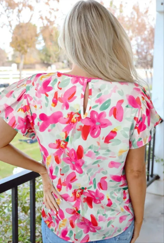 Rose Floral Print Flutter Sleeve Round Neck Casual Blouse