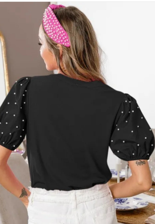 Black Ribbed Pearl Beaded Puff Sleeve Top