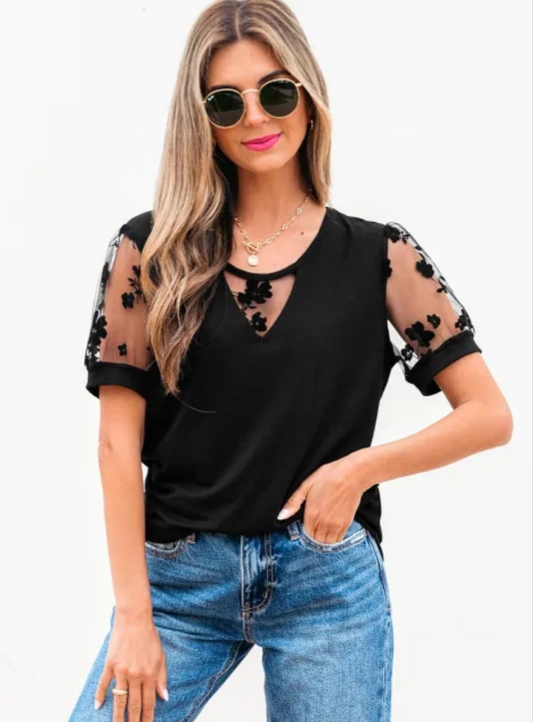 Black Flora Lace Patchwork Crew Neck T Shirt