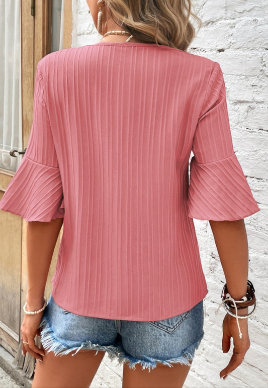 Peach Blossom Ruffled Half Sleeve V Neck Textured Top