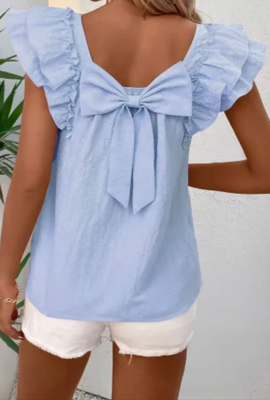 Beau Blue Textured Bow Knot Frilled Butterfly Sleeve Blouse
