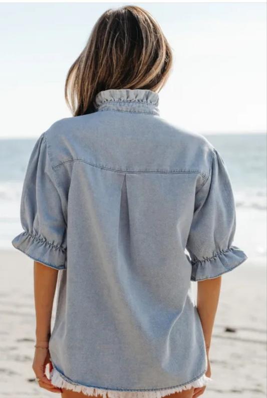 Beau Blue Ruffle Short Puff Sleeve Summer Chambray Shirt