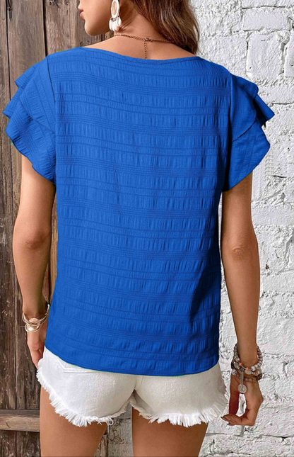 Dark Blue Textured Ruffled Sleeve Round Neck Top