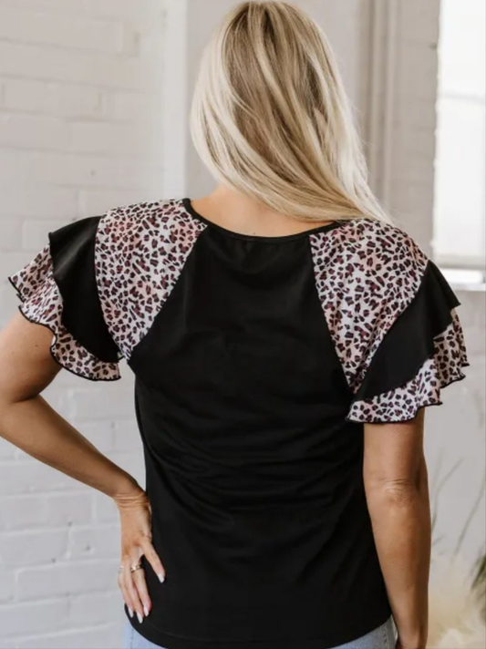 Black Leopard Print Patchwork Ruffled Sleeve V Neck T Shirt