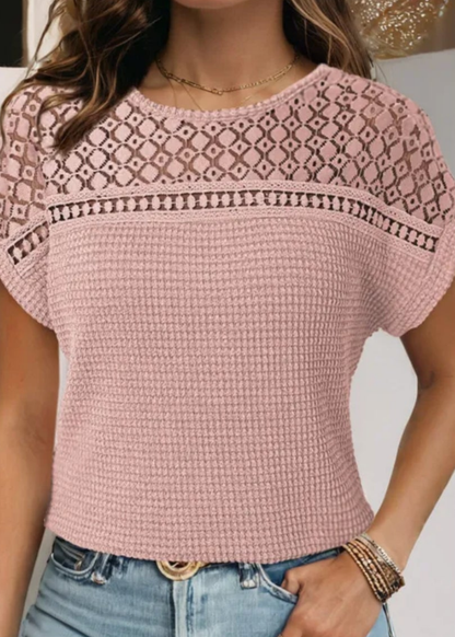 Light Pink Lace Patchwork Waffle Short Sleeve Top
