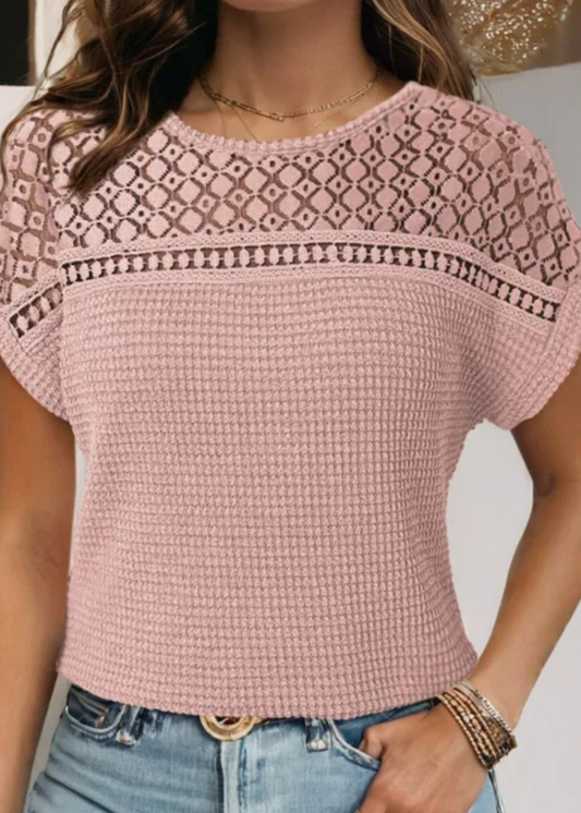 Light Pink Lace Patchwork Waffle Short Sleeve Top