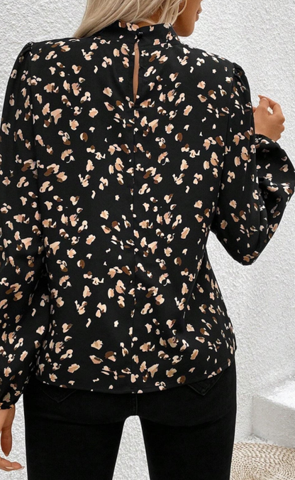 Black Leopard Print Lantern Sleeve Mock Neck Pleated Blouse