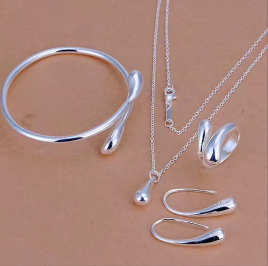 Silver Water Drop Pendant, Bangle, Earrings & Ring